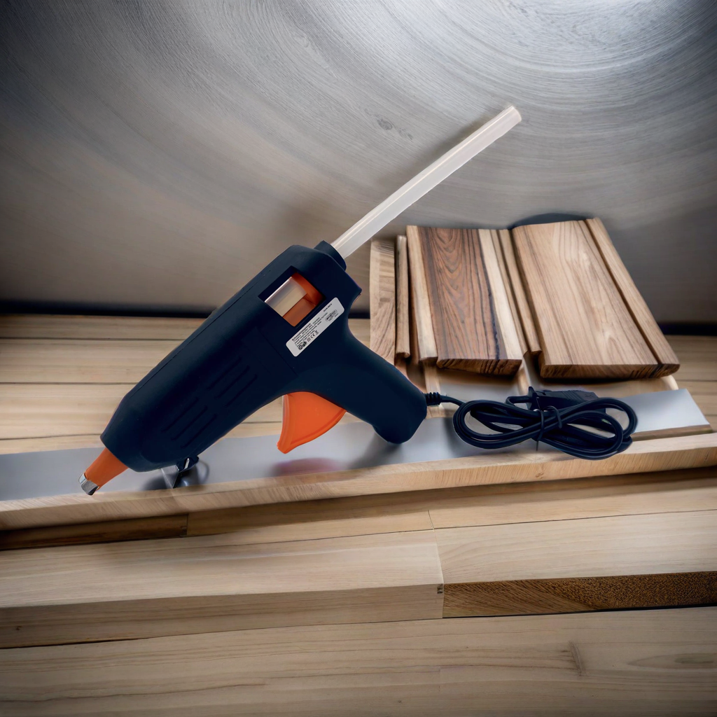 Heißklebepistole mit 11-mm-Durchmesser, inklusive 10 Hotmelt Klebesticks, auf weißem Hintergrund. Die Pistole ist ergonomisch gestaltet, mit einem stabilen Griff und einer spitzen Düse für präzise Anwendungen in Handwerk und Reparatur.