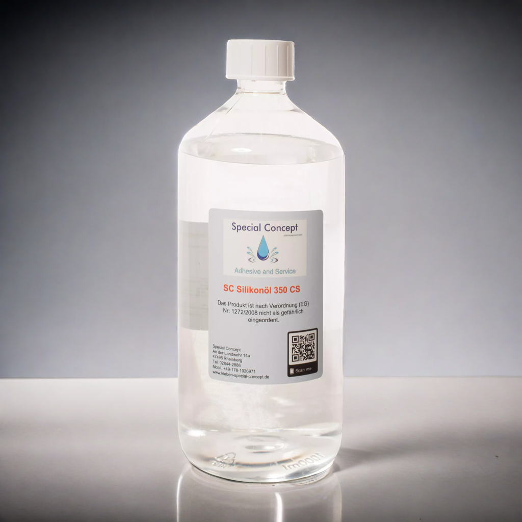 Durchsichtige, Runde Flasche, 1,00Liter Silikonöl (350 cSt) für Gummipflege und Gleitmittel. Die Flasche hat einen Weißen Schraubverschluss und ein gut sichtbares Etikett