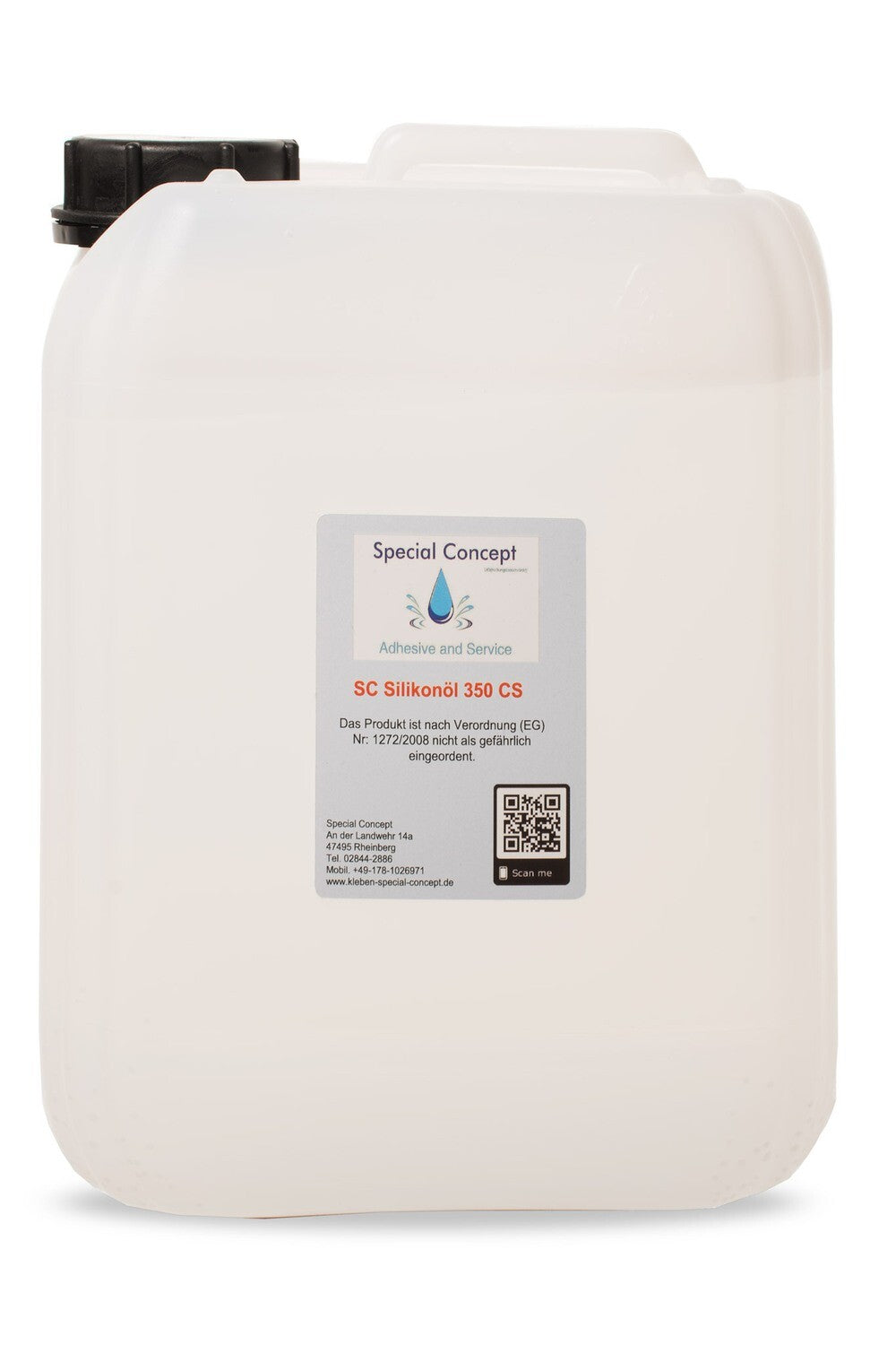 Durchsichtige, Eckiger Kanister, 5,00 Liter Silikonöl (350 cSt) für Gummipflege und Gleitmittel. Die Kanister hat einen schwarzen Schraubverschluss und ein gut sichtbares Etikett